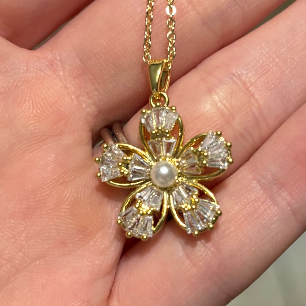 Adina Eden Gold Floral CZ & Pearl Drop Necklace - Picture 2 of 2